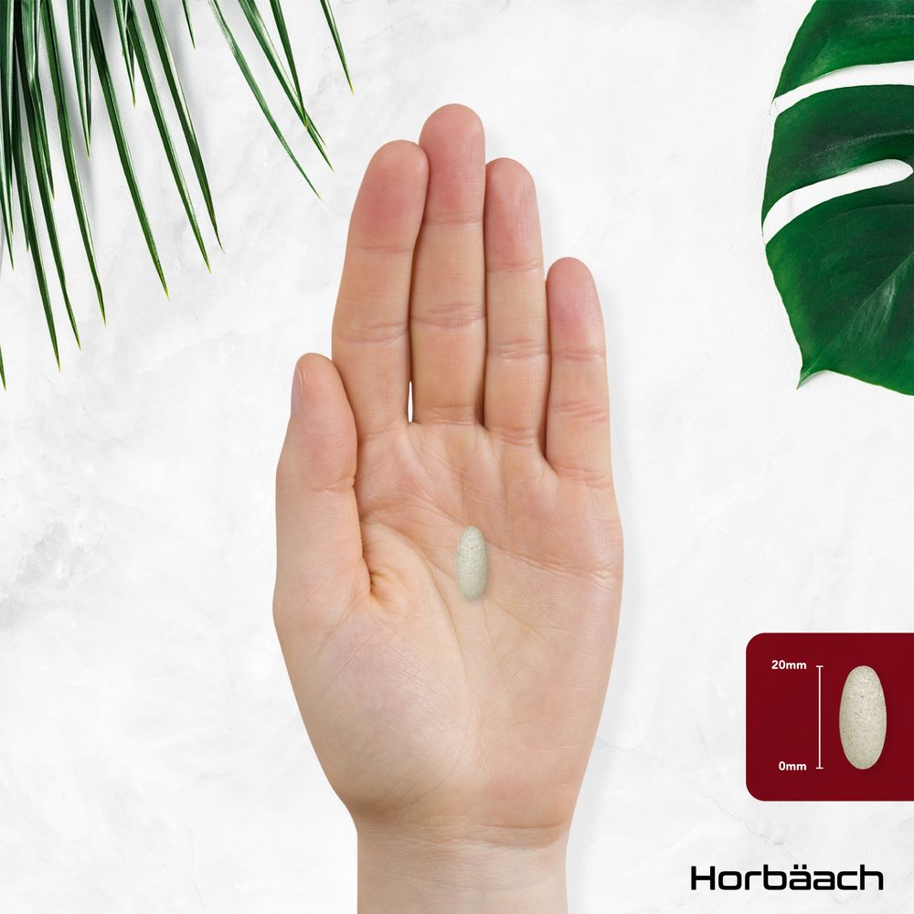A 20mm vegan tablet is shown being held in a hand, demonstrating its size and simplicity for easy consumption.