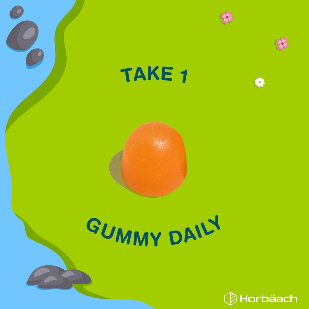 An orange gummy labeled 'TAKE 1 GUMMY DAILY'.