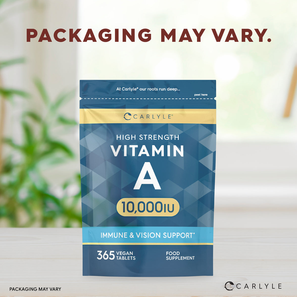 Vegan Vitamin A 10,000IU supplement in a pouch with 365 tablets for immune and vision support.