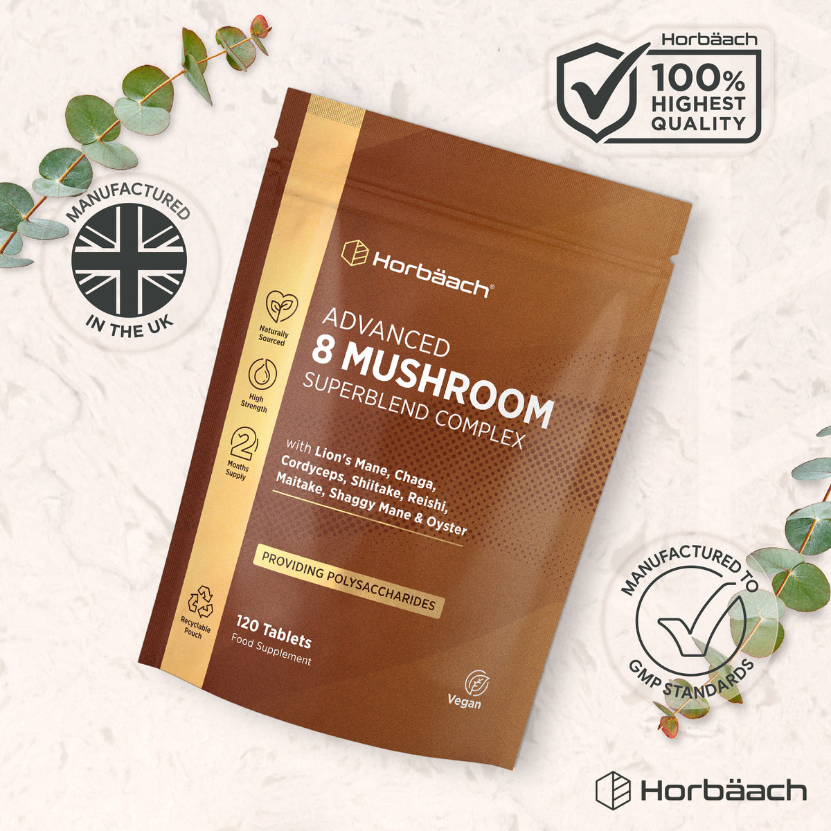 Infographic: Horbäach® guarantees 100% highest quality, crafted in the UK, adhering to strict GMP standards.