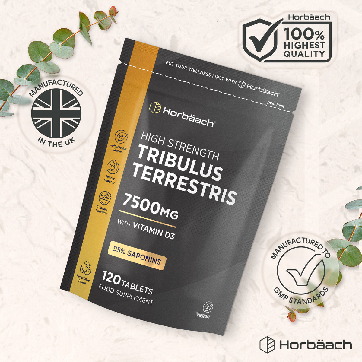 Tribulus Terrestris 7500mg with Vitamin D3, 95% Saponins, 120 vegan tablets in a pouch product display.