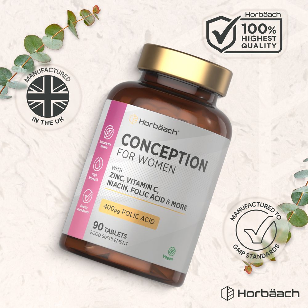 Conception for Women Formula: 90 vegan tablets shown in hand for scale.