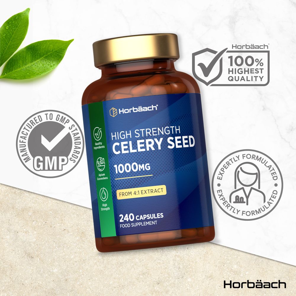 Hand holding a bottle of Celery Seed 1000mg capsules, 240 count, displayed on a scale for weight comparison.