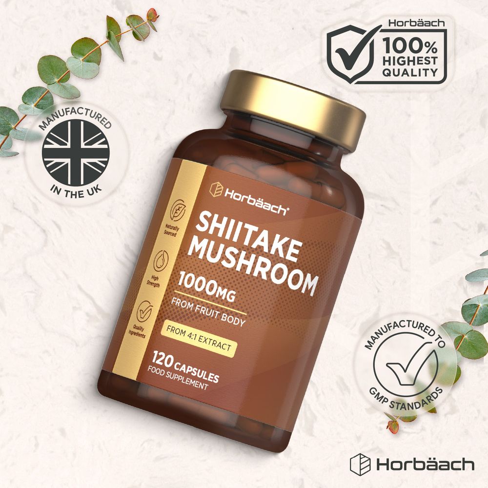The hand holds a bottle of Shiitake Mushroom 1000mg, 4:1 extract, containing 120 capsules from the fruit body.