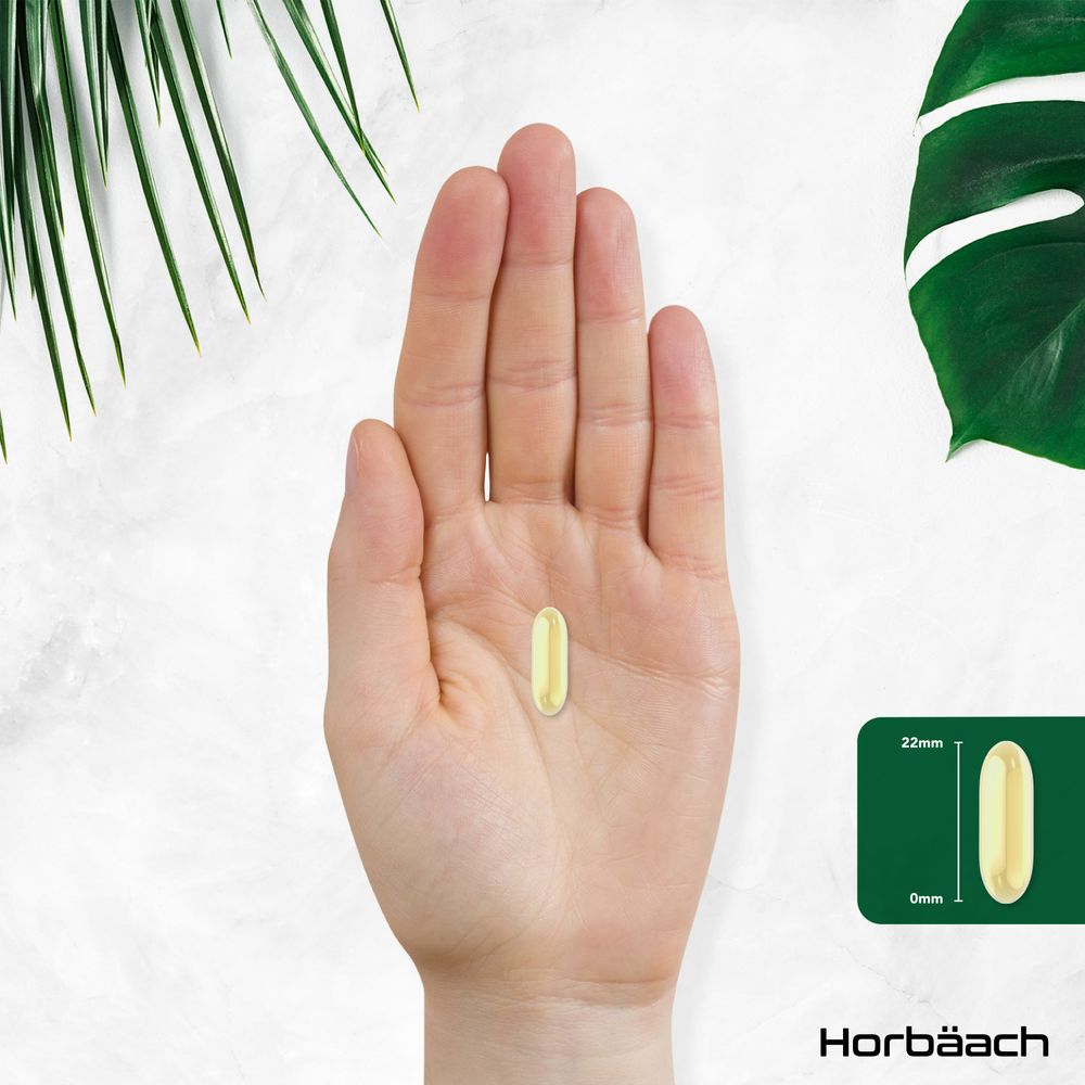 A softgel, 22mm in length, is held in an open hand.