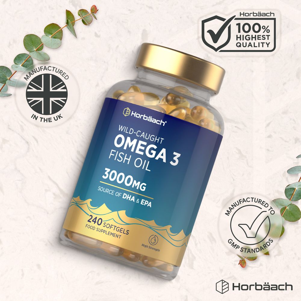 Hand holding Wild-Caught Omega 3 Fish Oil 3000mg softgels, 240 count, showcasing bulk packaging on a scale.