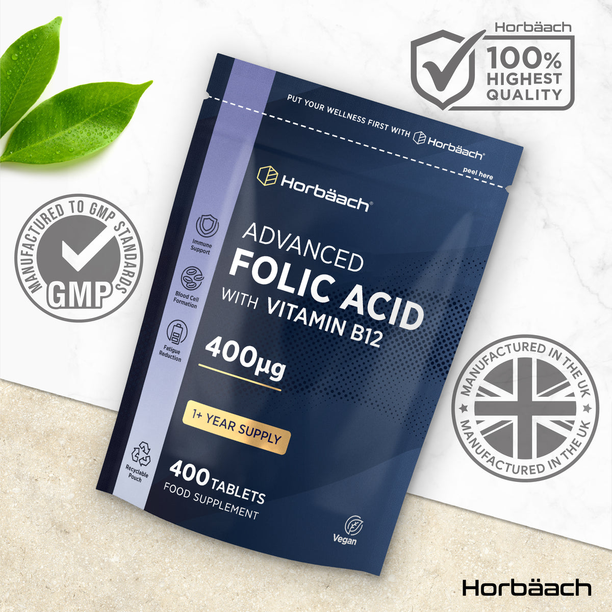 Horbäach Advanced Folic Acid 400µg with Vitamin B12, 400 Tablets, Vegan Food Supplement in Recyclable Pouch.