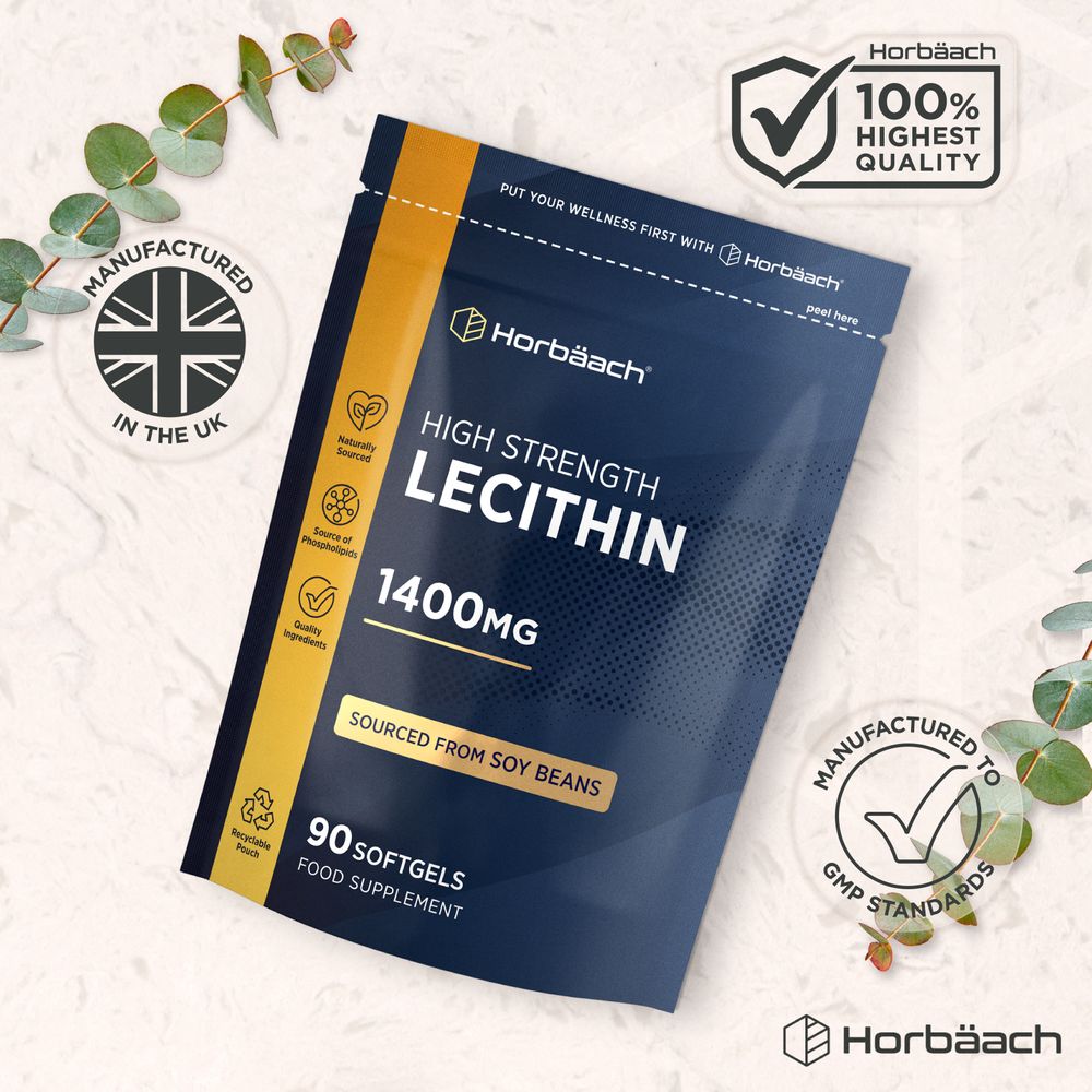 Horbäach High Strength Soy Lecithin 1400mg bottle with 90 softgels held in hand, showing product size and packaging.