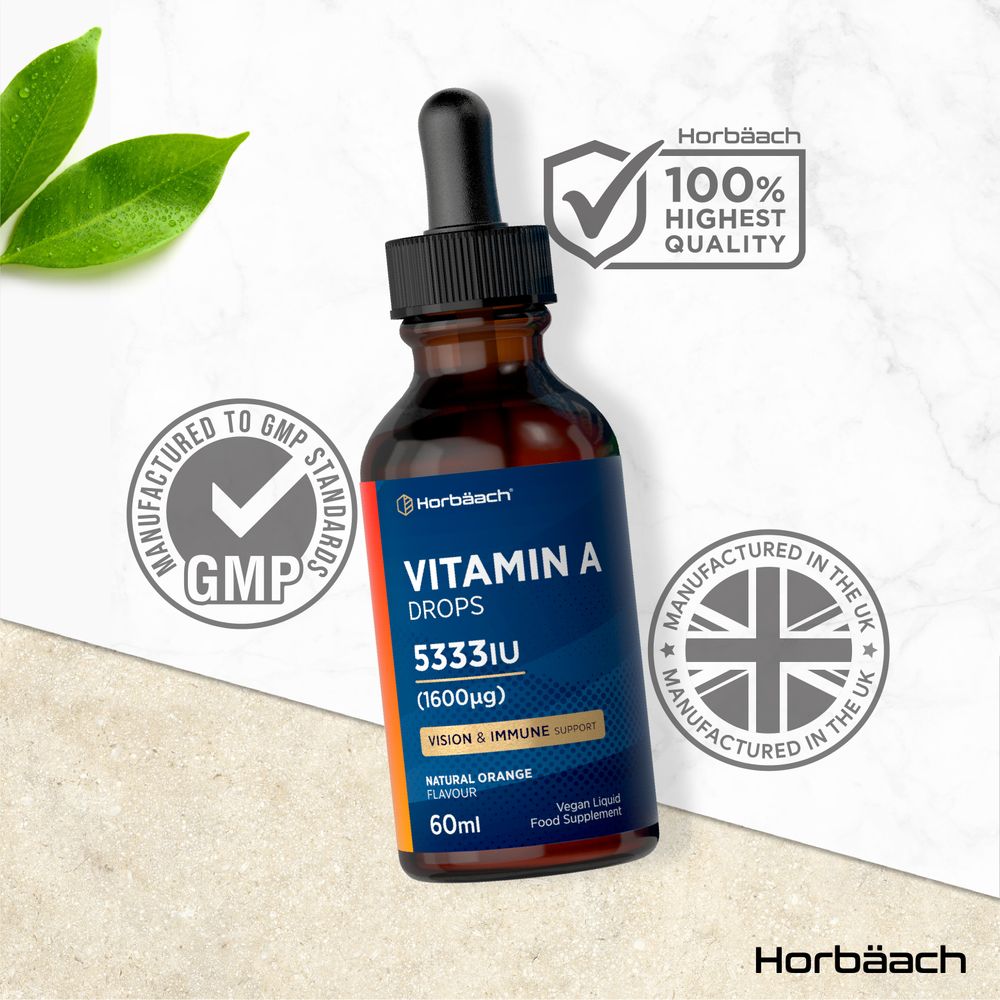 Vitamin A Drops 5333IU (1600µg) in a 60ml liquid bottle, natural orange flavor, vegan liquid food supplement.