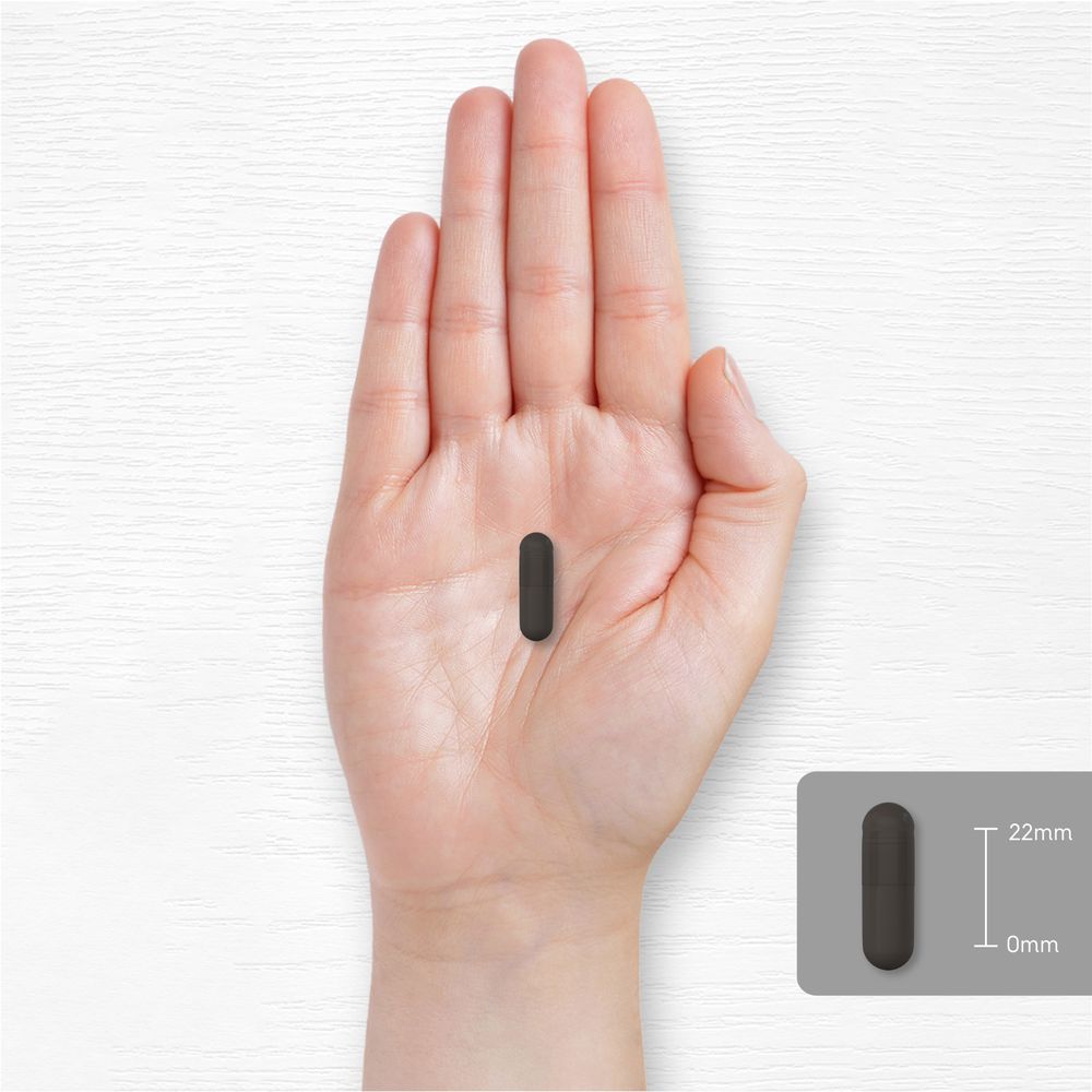 A dark grey capsule measuring 22mm in length is displayed.