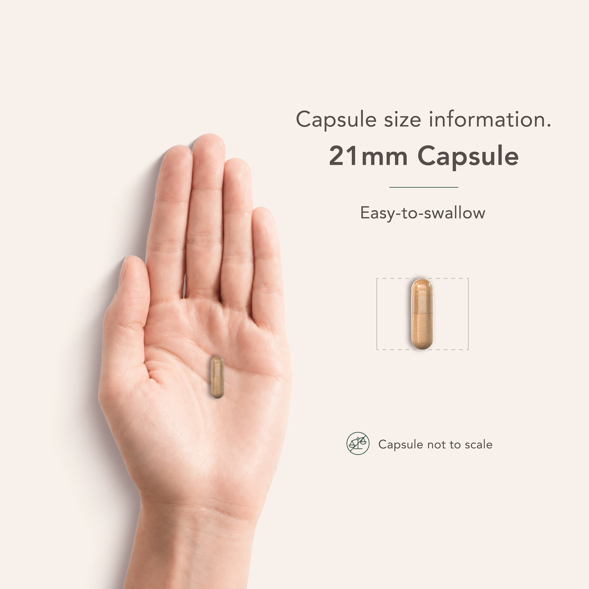 A 21mm easy-to-swallow capsule is displayed in a hand, demonstrating its size for convenient ingestion.