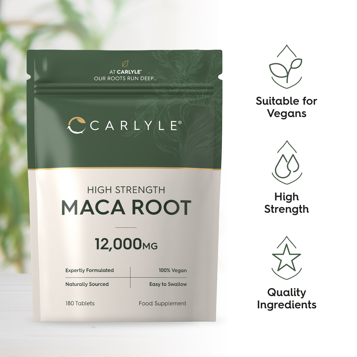 Maca Root 12,000MG High Strength, 180 Tablets. 100% Vegan, quality ingredients, expertly formulated, easy to swallow.
