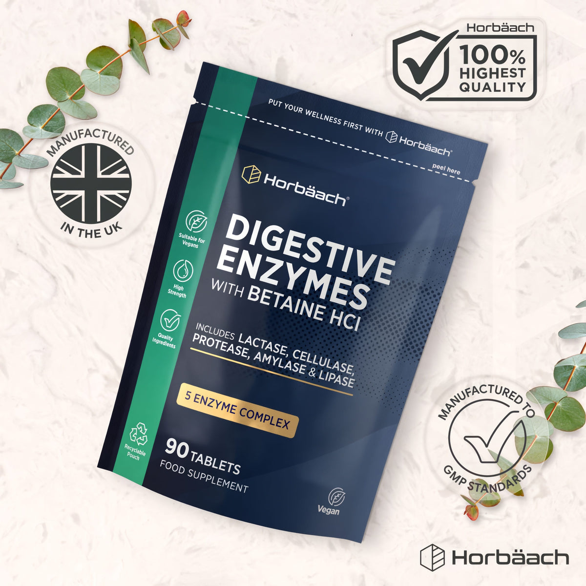Horbäach Digestive Enzymes with Betaine HCl, 90 tablets, vegan. High strength, 5 enzyme complex food supplement.