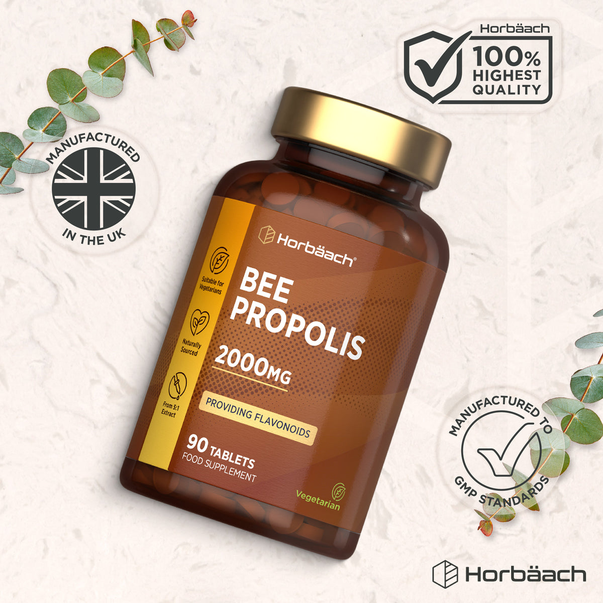 Horbäach Bee Propolis 2000mg bottle containing 90 vegetarian tablets.