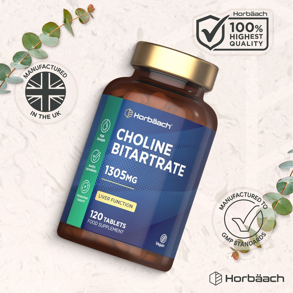 Choline Bitartrate: 1305mg, 120 vegan tablets displayed on a hand scale.