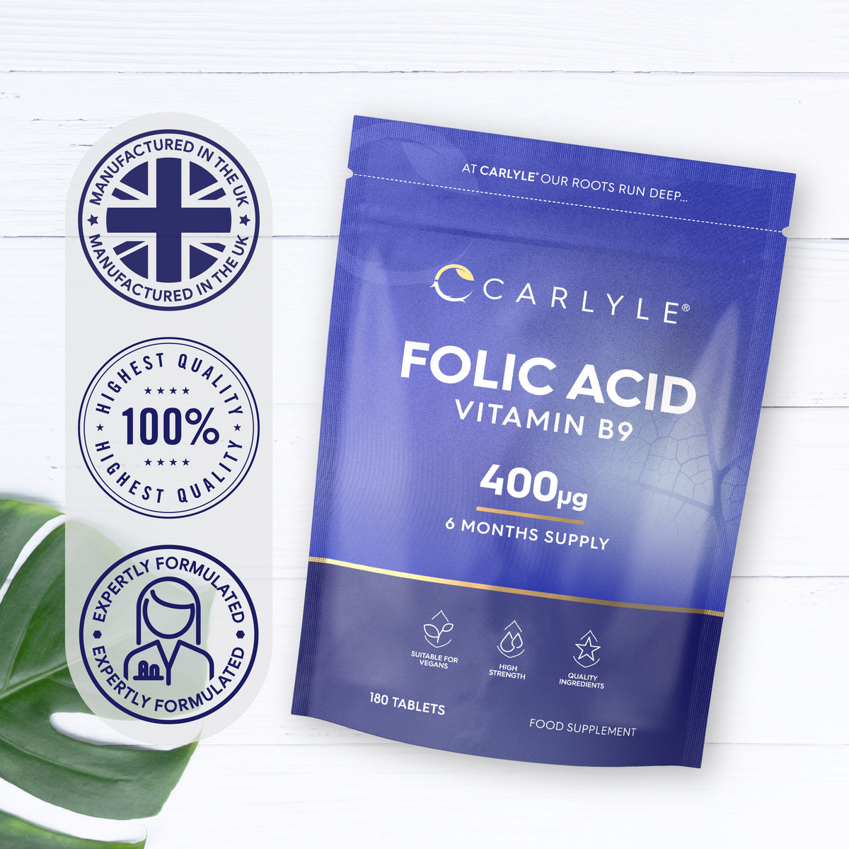 Folic Acid Vitamin B9 400µg, 180 tablets for a 6-month supply, suitable for vegans, high strength, quality ingredients.