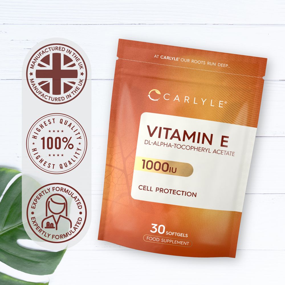 Vitamin E 1000IU 30 Softgels pouch, made in the UK. Ensures highest quality, 100% expertly formulated.