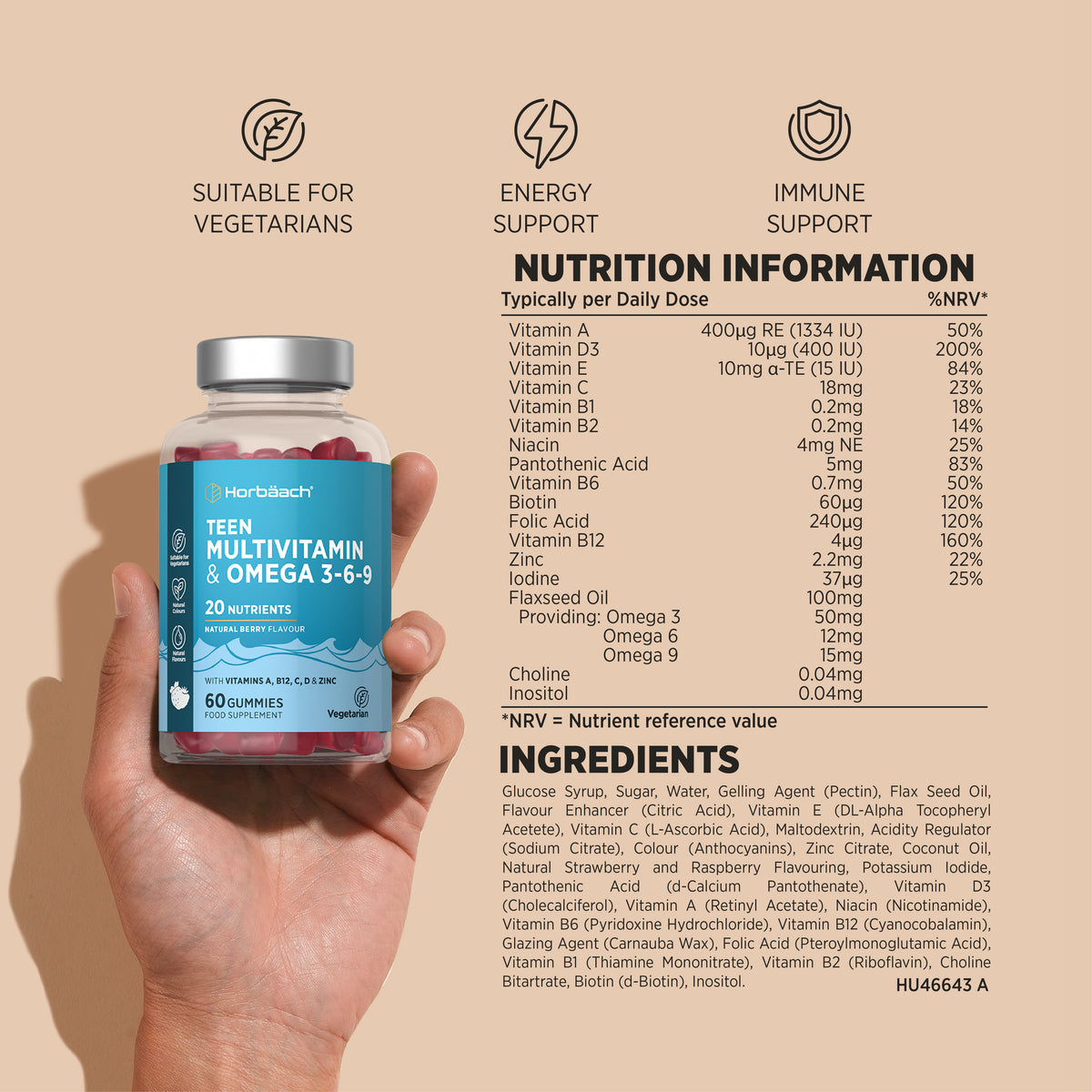 HU Omega 369 and Multivitamin for Teens bottle with 60 vegan gummies, natural berry flavor.
