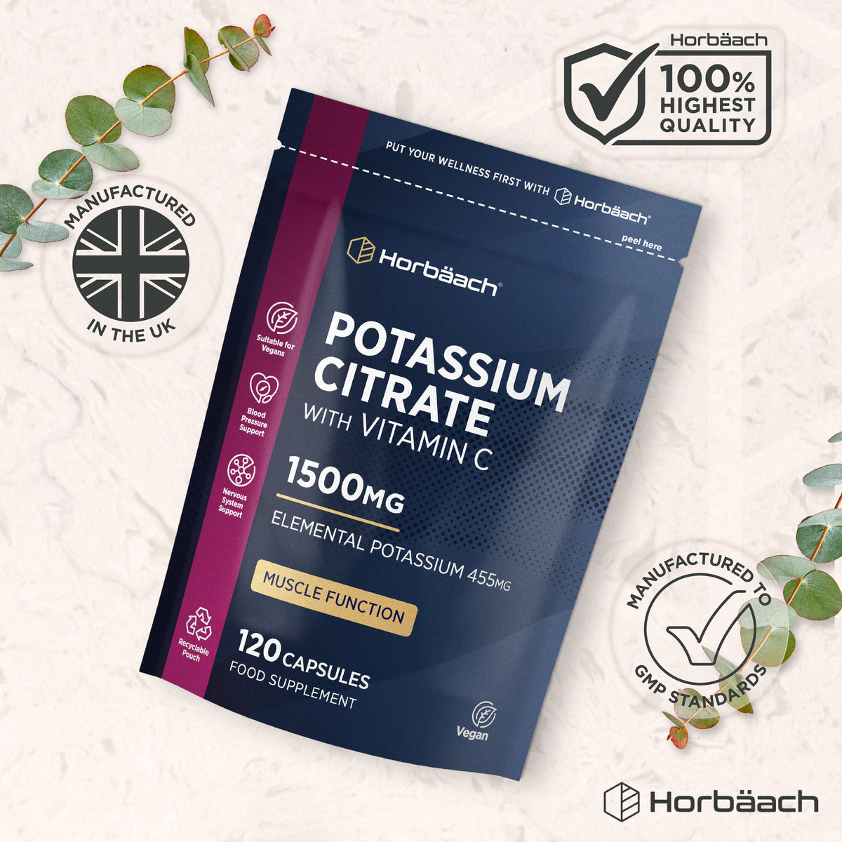 Horbäach Potassium Citrate with Vitamin C 1500mg, 120 vegan capsules bottle.