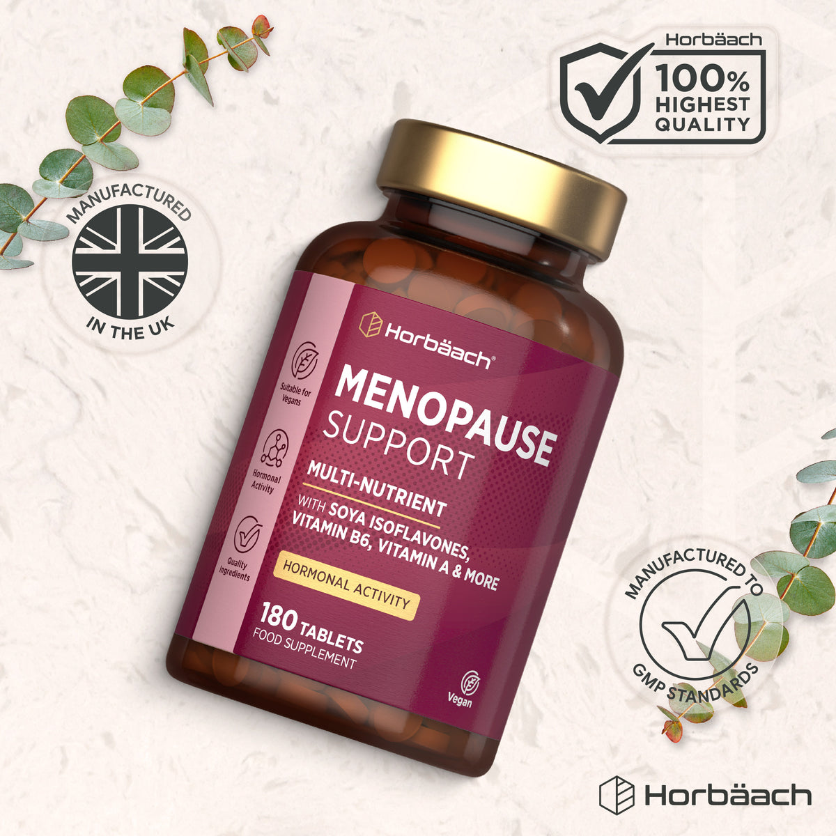 Horbäach Menopause Support with Soya Isoflavones, Vitamin B6, Vitamin A, and more; 180 vegan tablets.