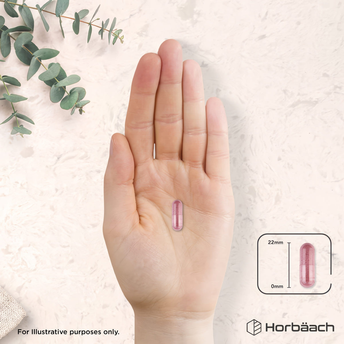 Hand holding a capsule measuring 22mm long.