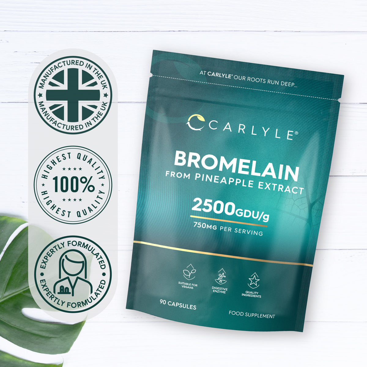 Carlyle Bromelain from pineapple extract, 2500 GDU/g, 750mg per serving, 90 capsules food supplement.