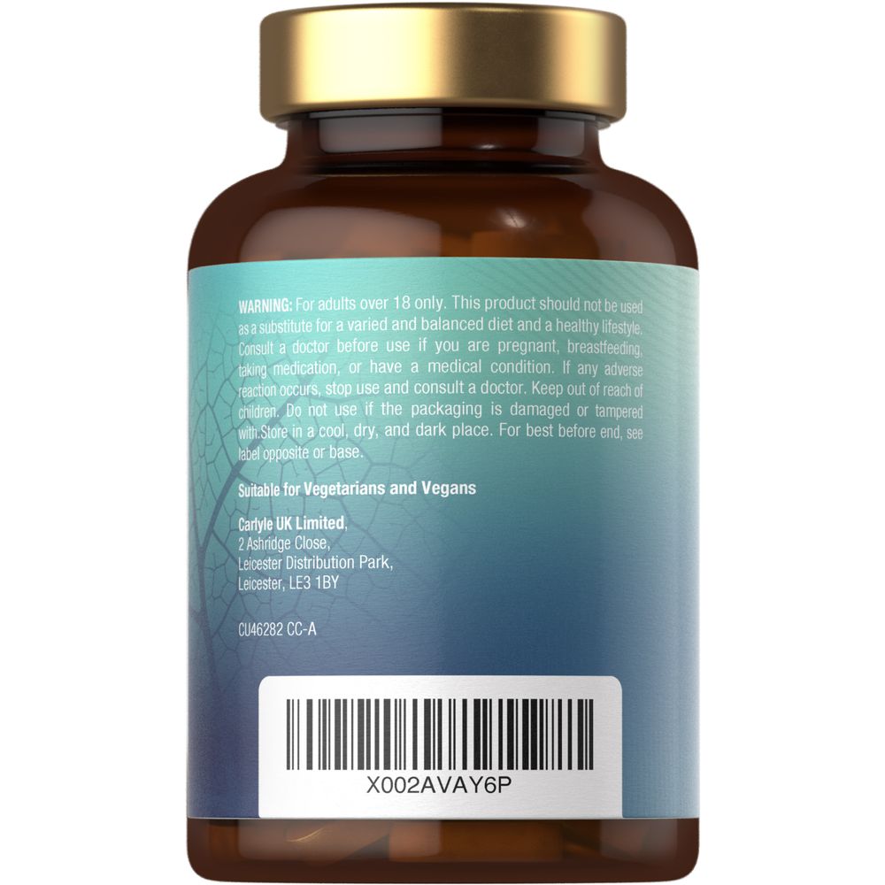 CU Vegan Glucosamine Sulphate 1500mg 180 Tablets bottle with back label showing warning; suitable for vegetarians and vegans.