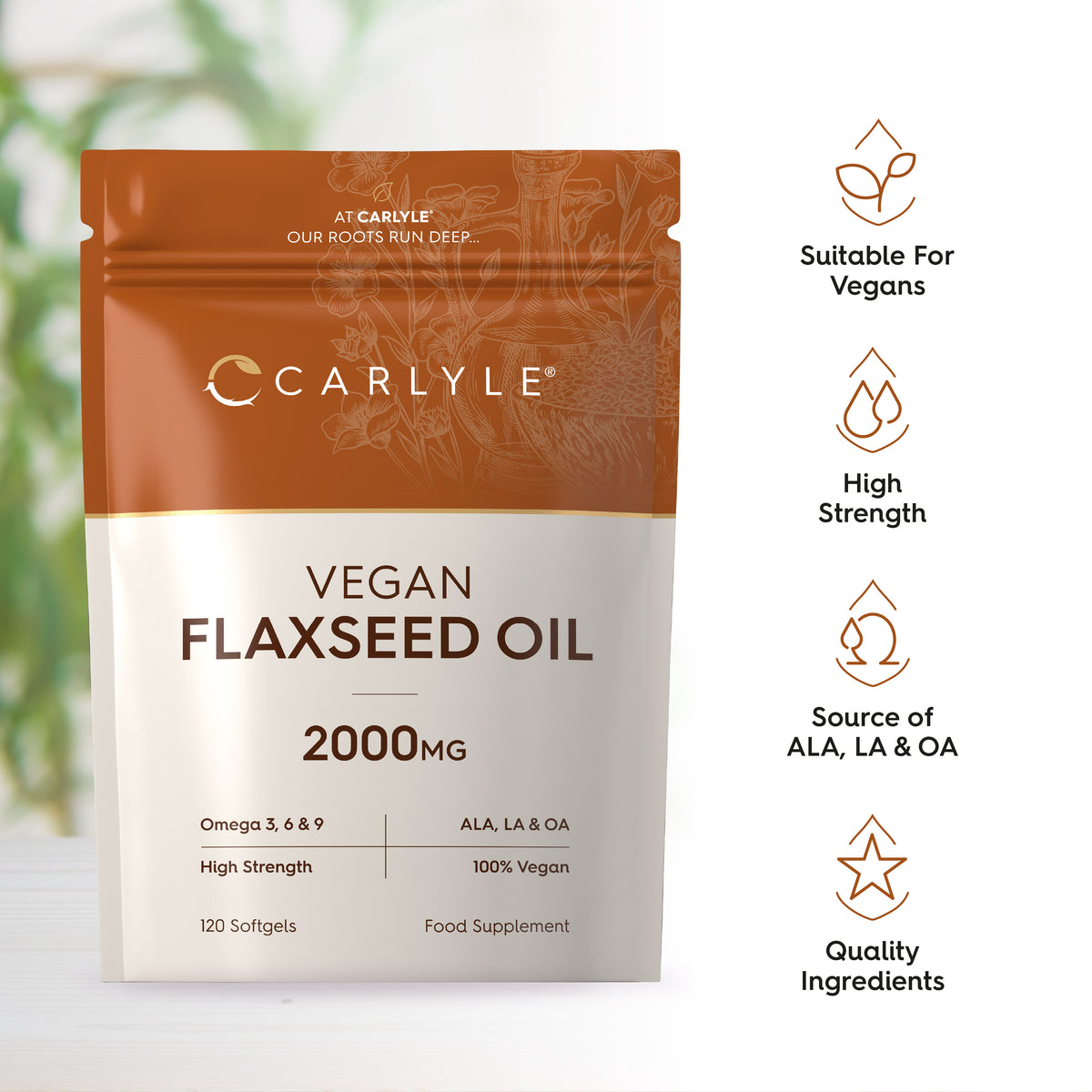 Product highlights graphic stating Suitable For Vegans, High Strength, Quality Ingredients, Source of ALA, LA, and OA.