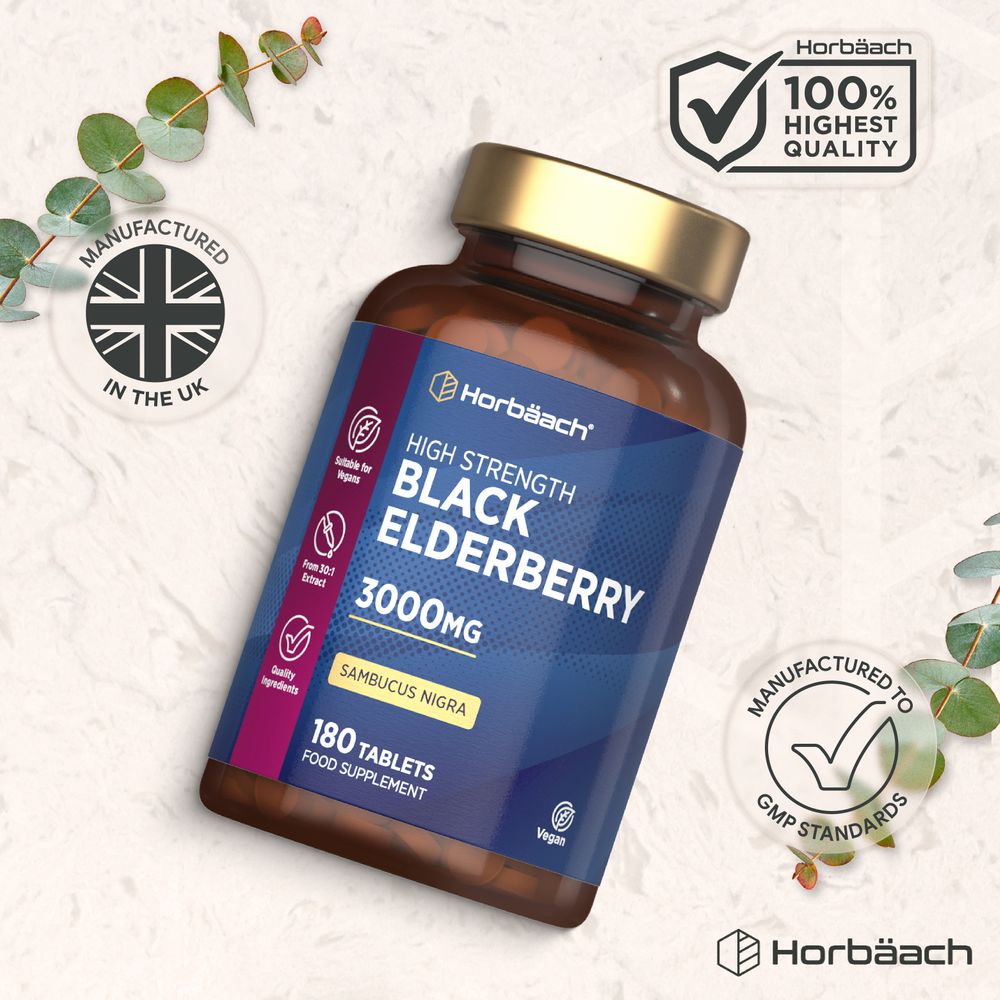 Bottle of High Strength Black Elderberry 3000mg with 180 tablets, shown on a scale to indicate product weight or bulk.