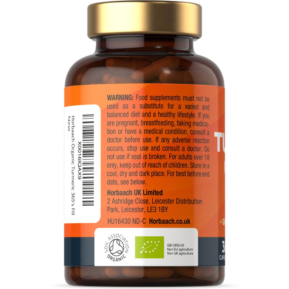Bottle of Organic Turmeric Complex containing 365 vegan capsules, shown on a scale.