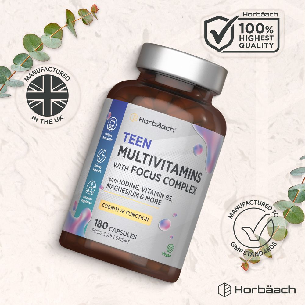 Teen Multivitamins with Focus Complex, containing 180 vegan capsules, shown in hand for size reference.
