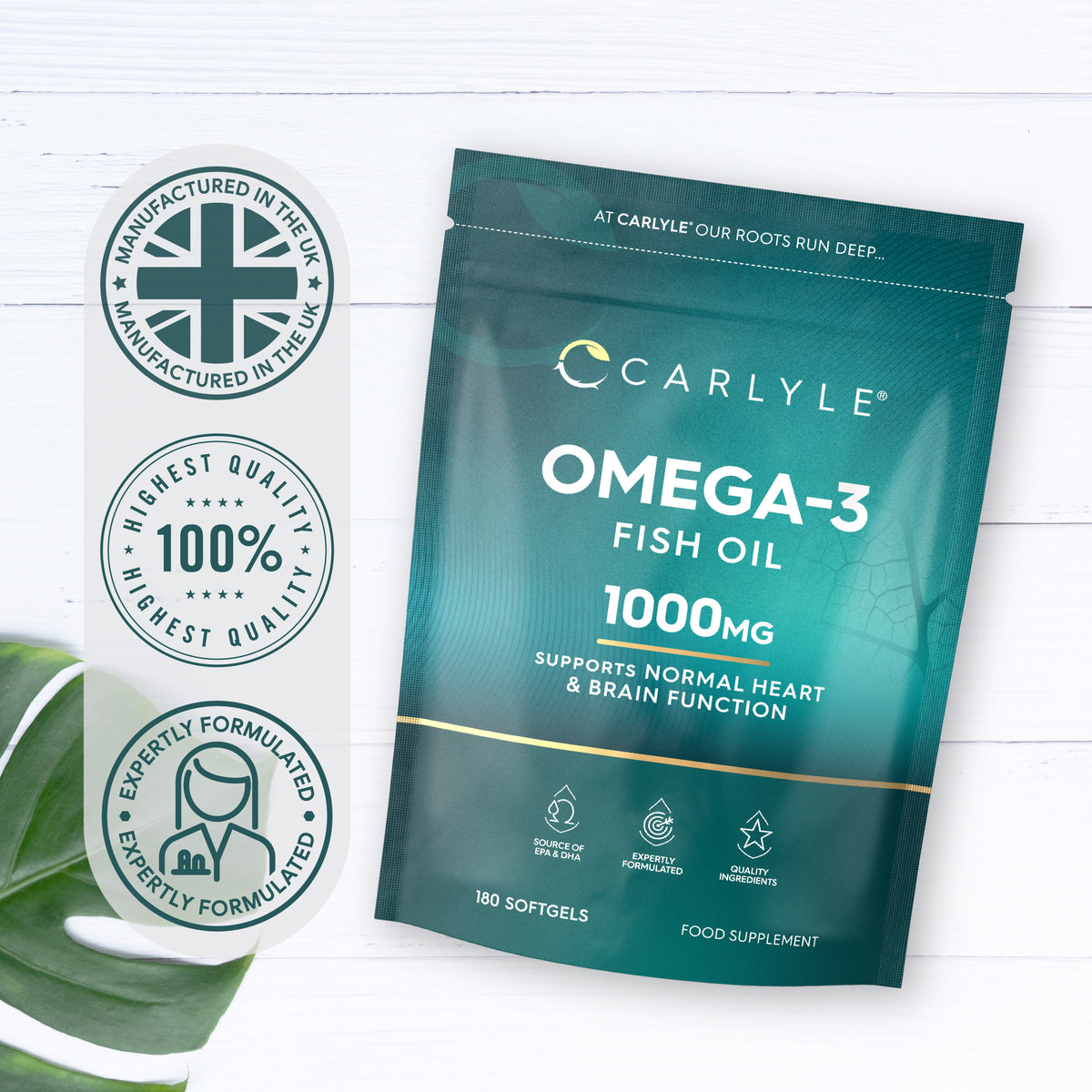 Carlyle Omega-3 Fish Oil 1000mg, 180 Softgels pouch supporting heart and brain function.