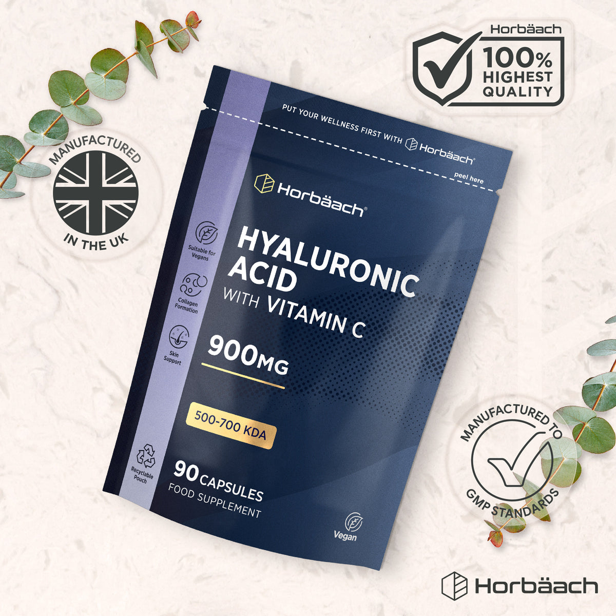 Horbäach Hyaluronic Acid with Vitamin C 900mg, 500-700 KDA, 90 Vegan Capsules in a recyclable pouch, food supplement.