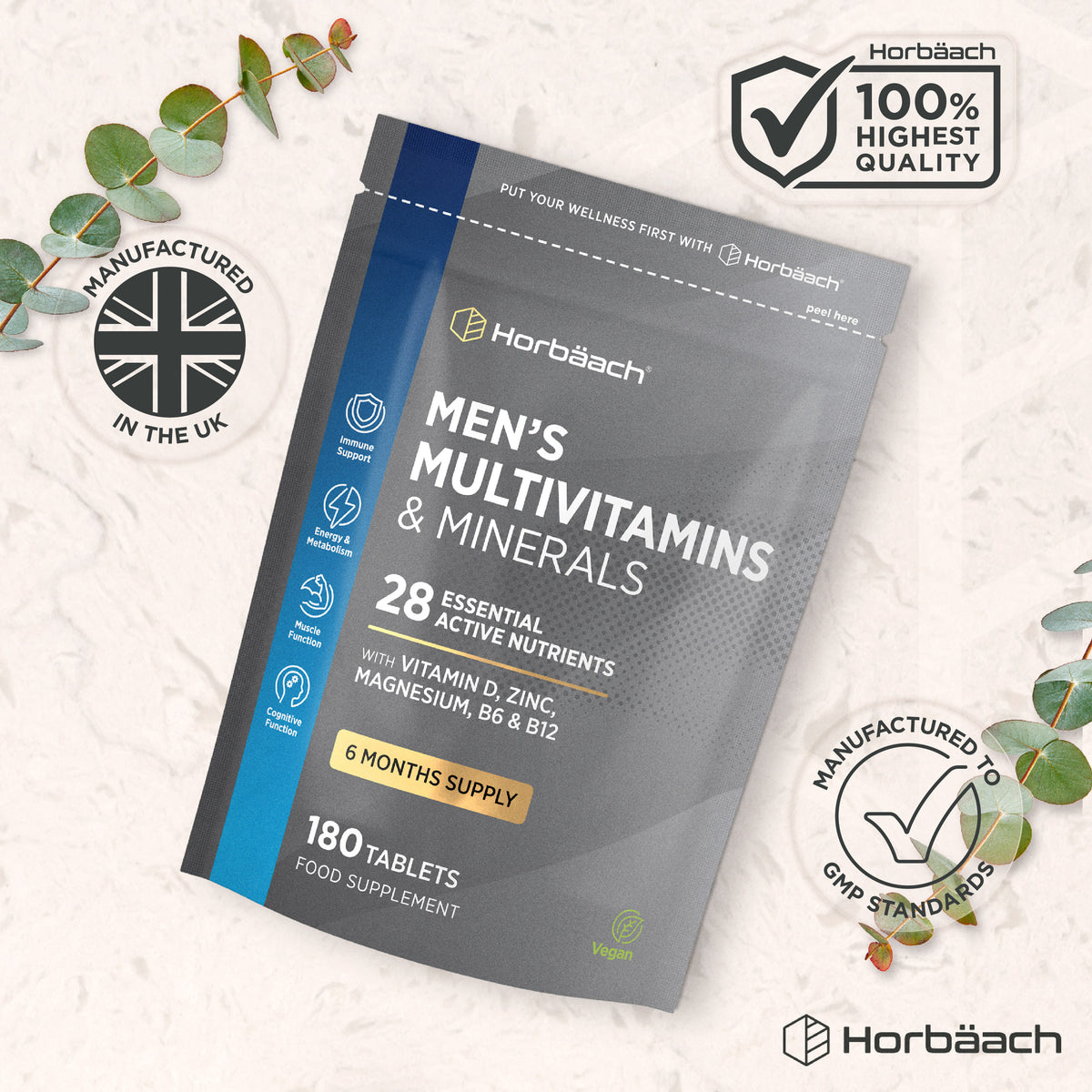 Horbäach Men's Multivitamins & Minerals, 180 tablets for a 6-month supply. Includes 28 essential nutrients. Vegan.
