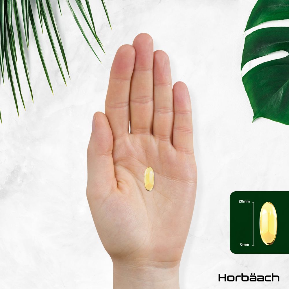 A softgel is held in a hand. A graphic shows the softgel's size as 20mm.