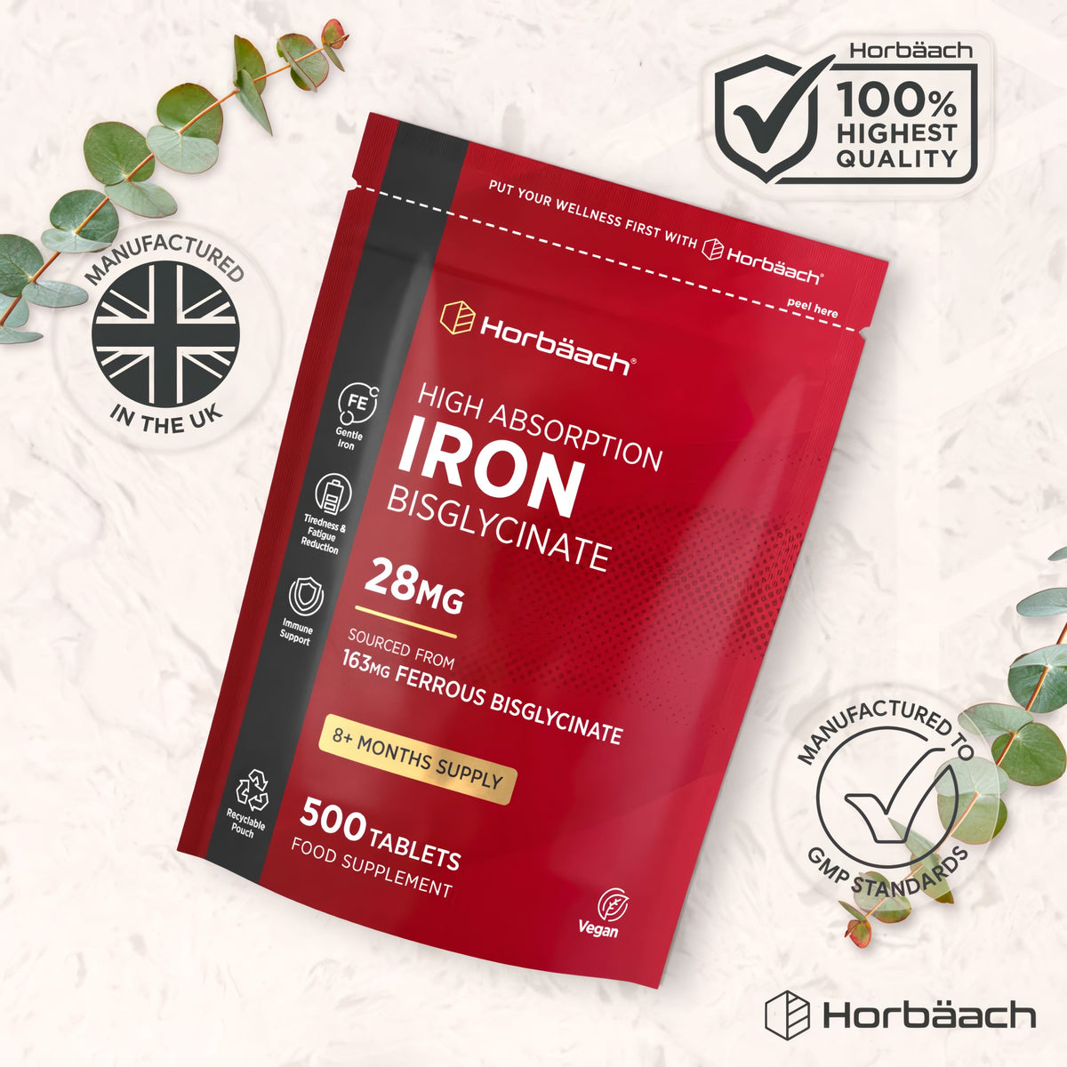 Horbäach High Absorption Iron Bisglycinate 28mg 500 Tablets supplement. Vegan, gentle iron in recyclable pouch.