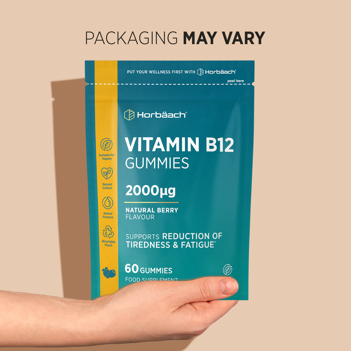 Horbäach Vitamin B12 2000µg Gummies, 60 count, Natural Berry, Vegan. Supports reducing tiredness and fatigue.