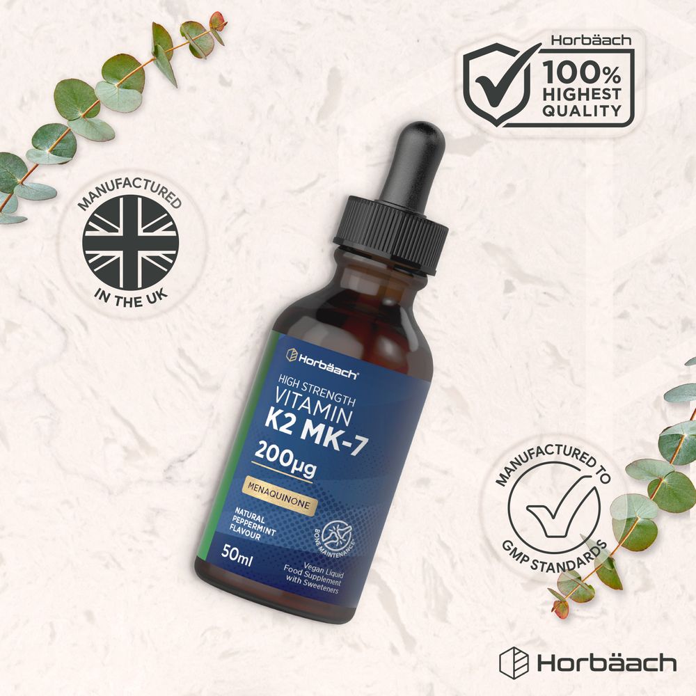 Horbäach High Strength Vitamin K2 MK-7 200µg liquid in a 50ml dropper bottle, Natural Peppermint Flavour.