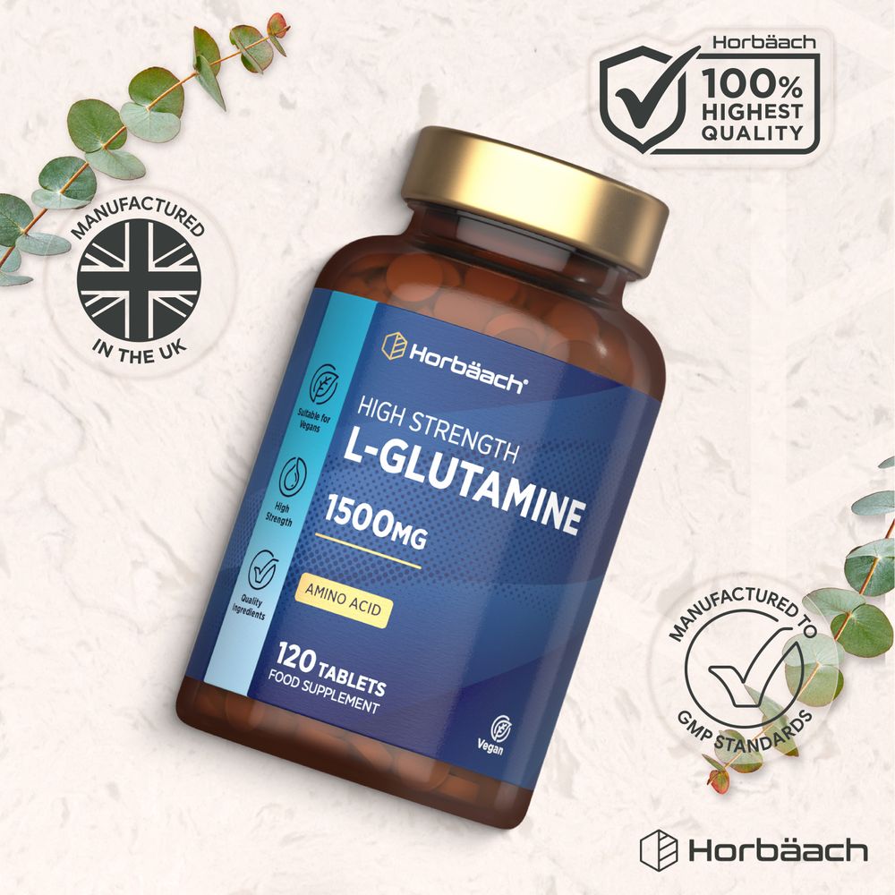 Horbäach L-Glutamine 1500mg bottle containing 120 vegan tablets, shown on a hand for scale.
