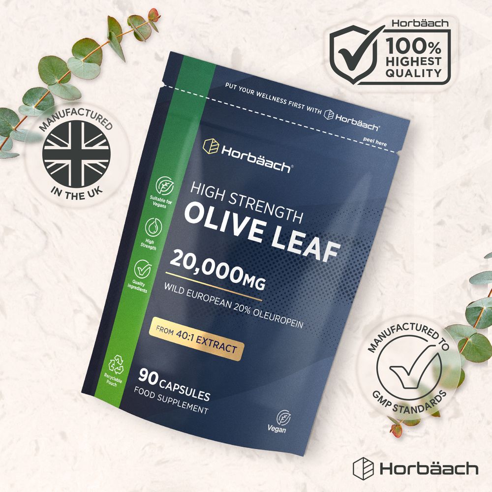Horbäach High Strength Olive Leaf capsules, 20,000mg, 90 count, in vegan formula.