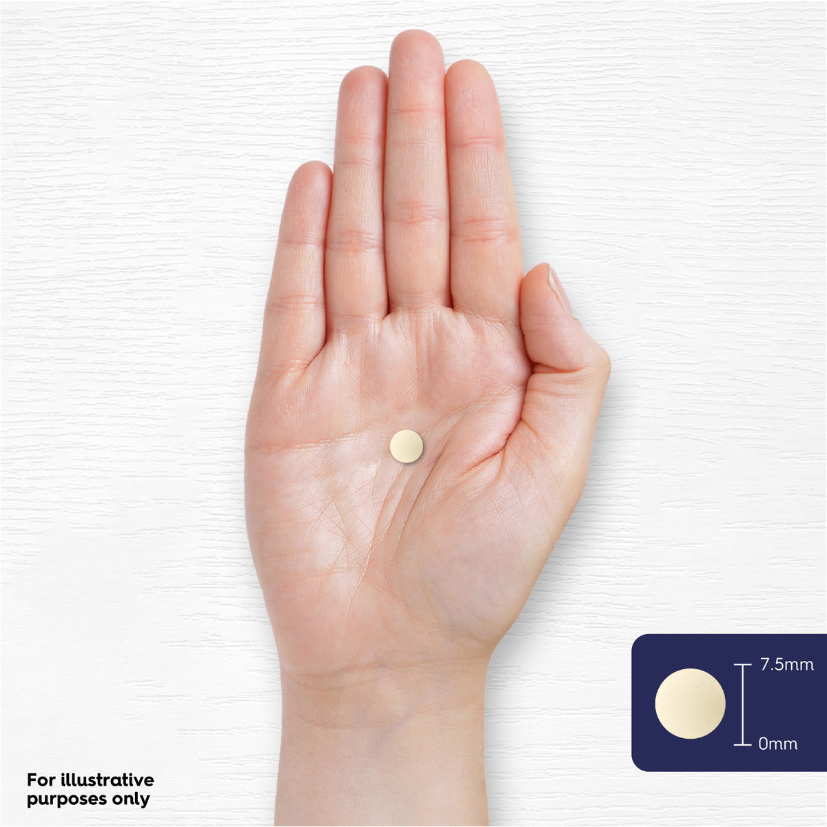 CU Folic Acid 400ug Vegan Tablet, shown round and light-colored in a hand, with a graphic indicating its 7.5mm diameter.
