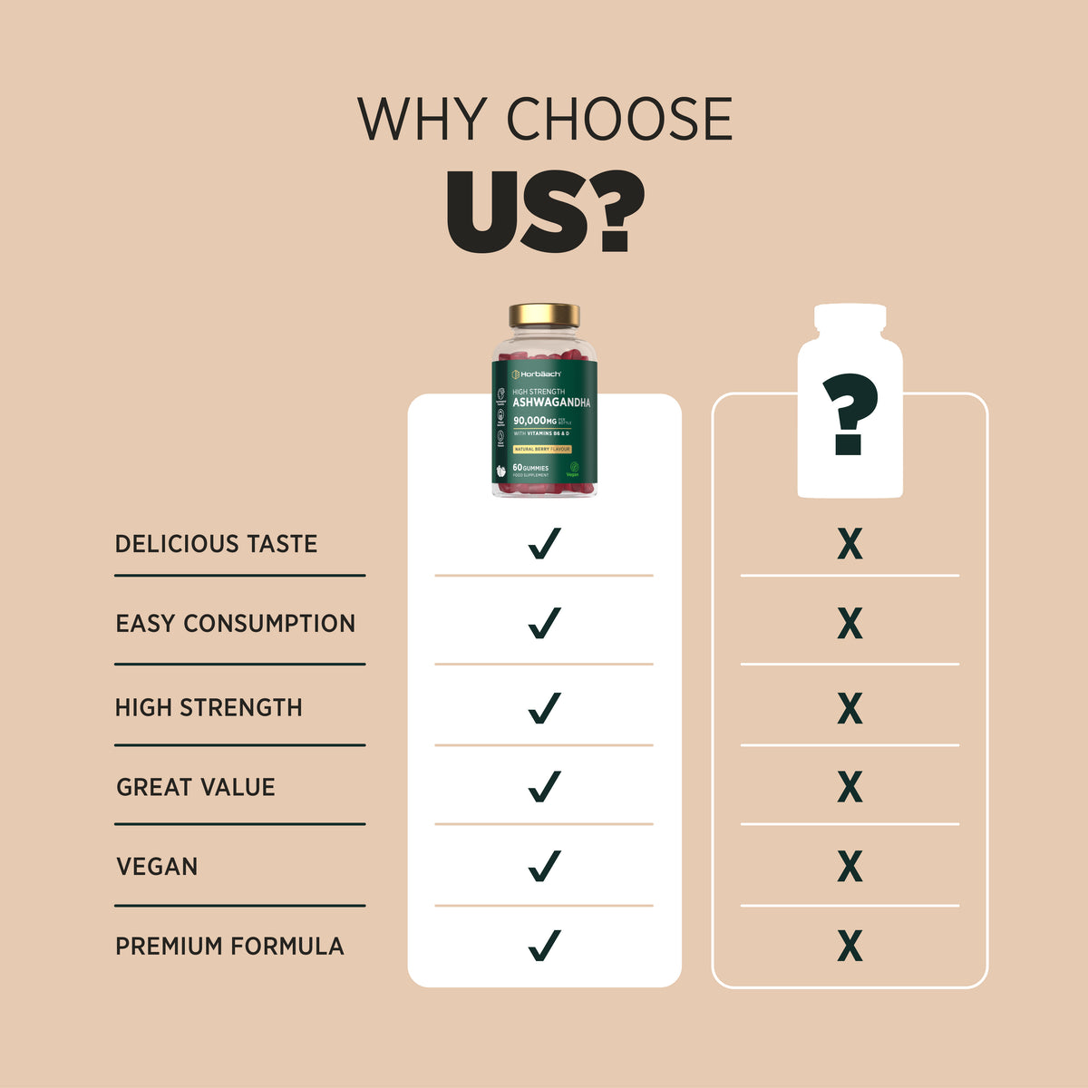 Product highlights graphic stating: delicious taste, easy consumption, high strength, great value, vegan, premium formula.