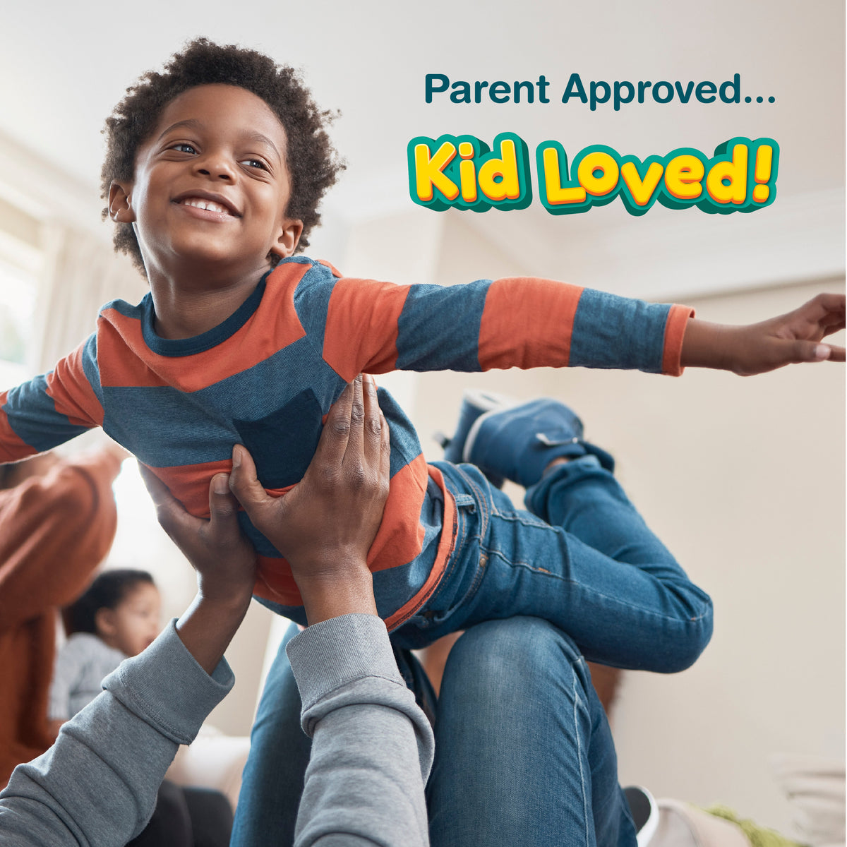 Young Black boy being playfully lifted by an adult, promoting Omega 369 & Multivitamin For Kids.