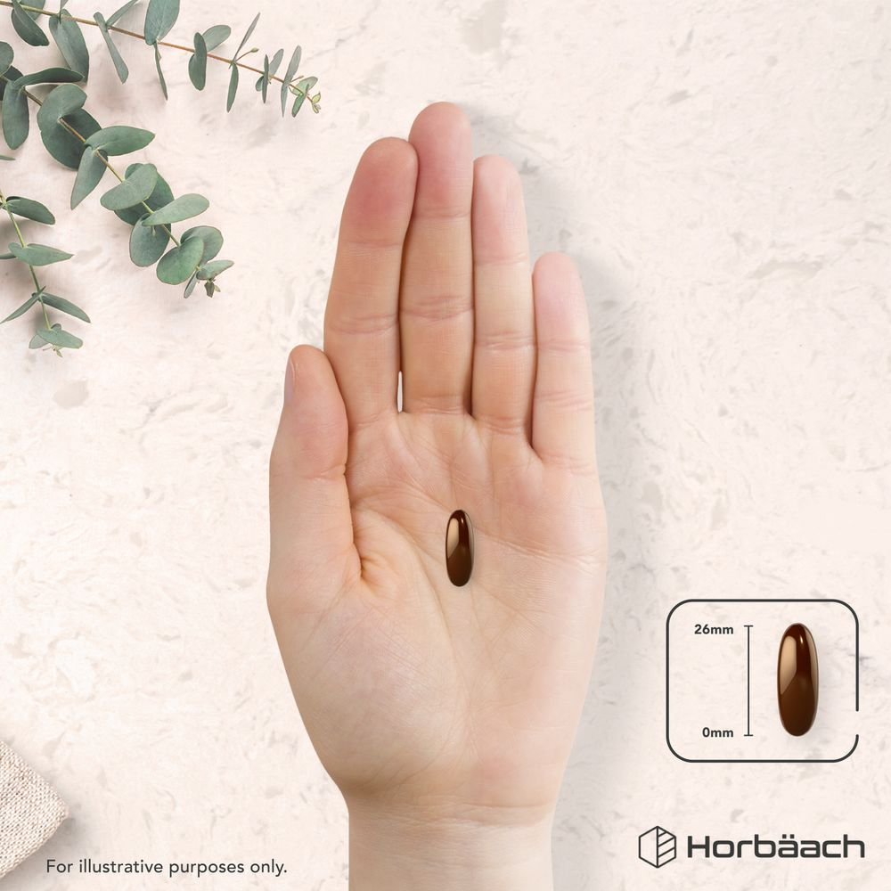 A softgel, 26mm long, is held in a person's palm.