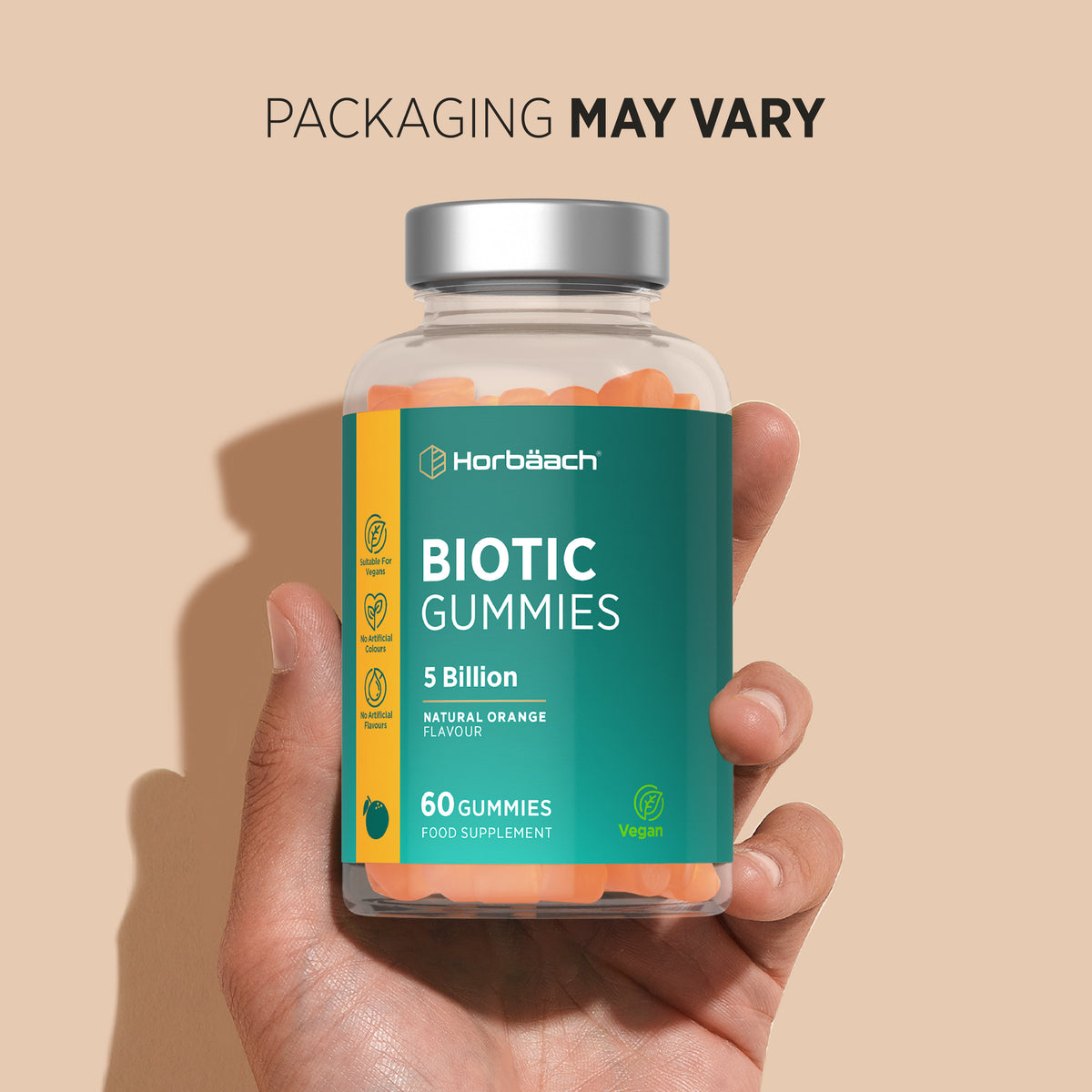 Horbäach Biotic Gummies with natural orange flavor, 5 billion, 60 vegan gummies. No artificial colors or flavors.