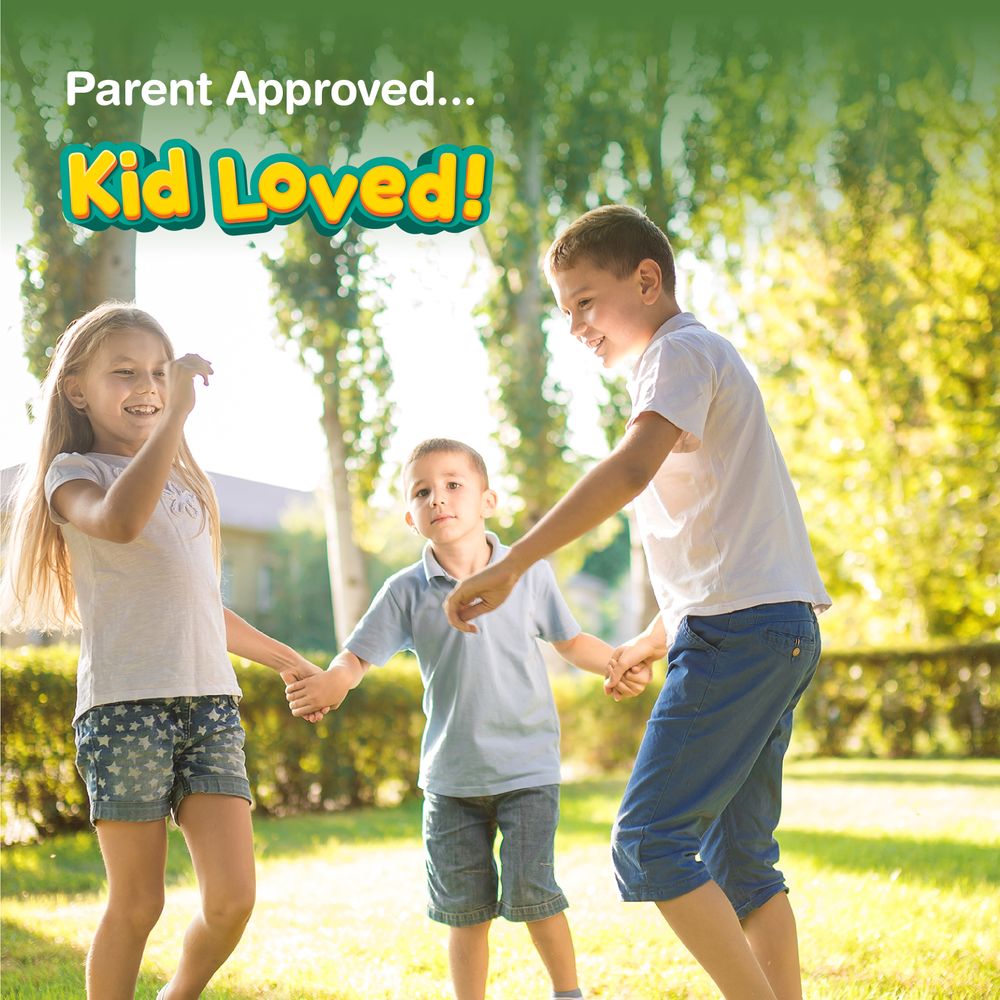 Three happy children, one girl and two boys, playing outside and holding hands. Text overlay: Parent Approved... Kid Loved!