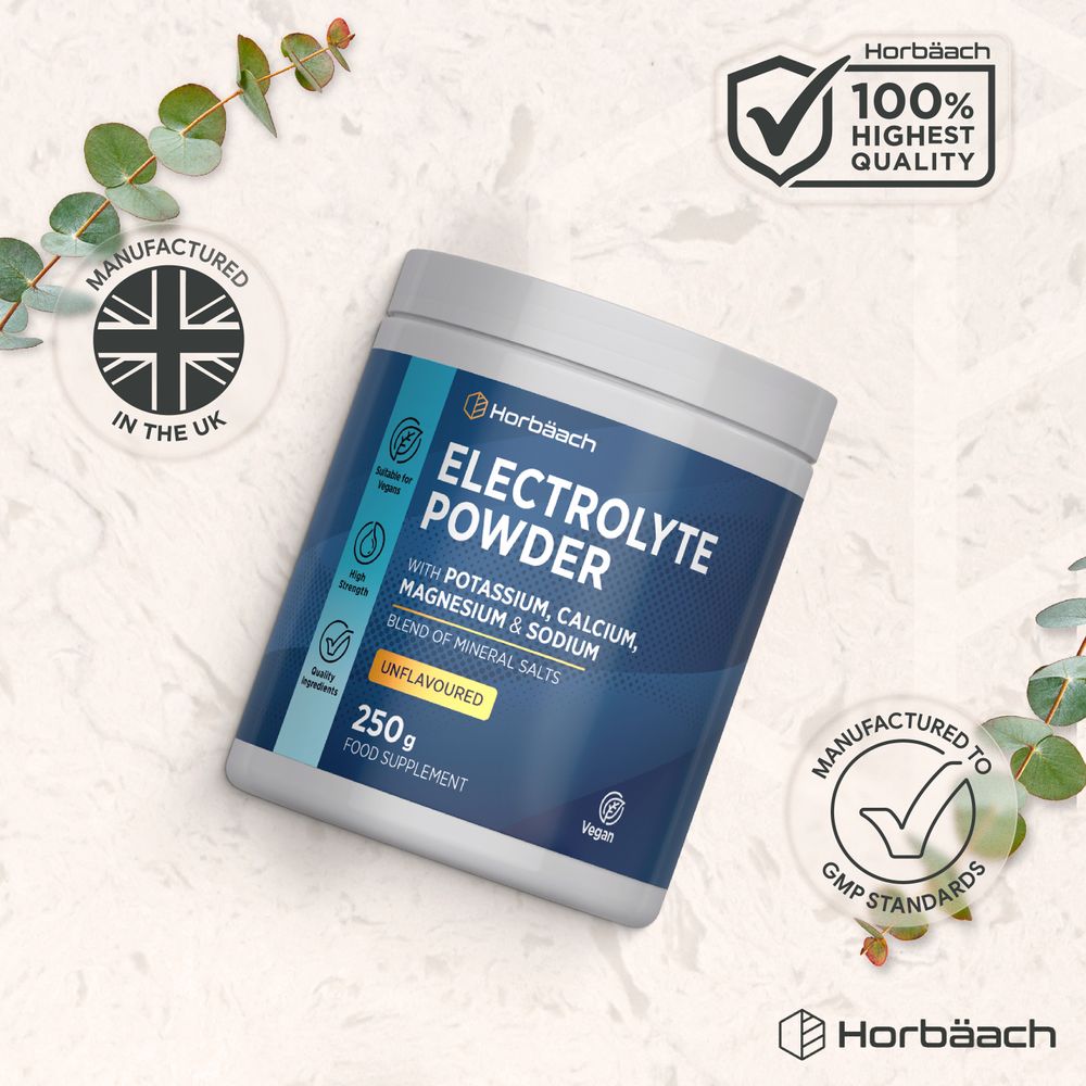 Unflavoured Electrolyte Powder 250g Food Supplement tub with Potassium, Calcium, Magnesium, and Sodium.