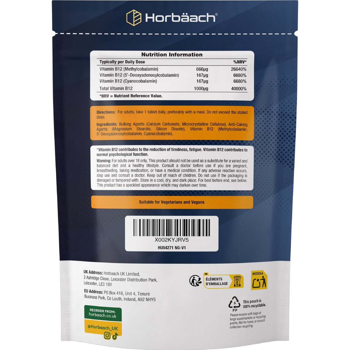 Vegan Vitamin B12 1000mcg 365 tablets pouch featuring nutrition facts, ingredients, usage directions, and warnings.