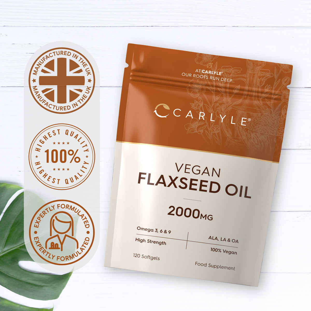 Vegan Flaxseed Oil 2000mg with Omega 3, 6, & 9, high strength ALA, LA, & OA, 100% vegan, in 120 softgels.