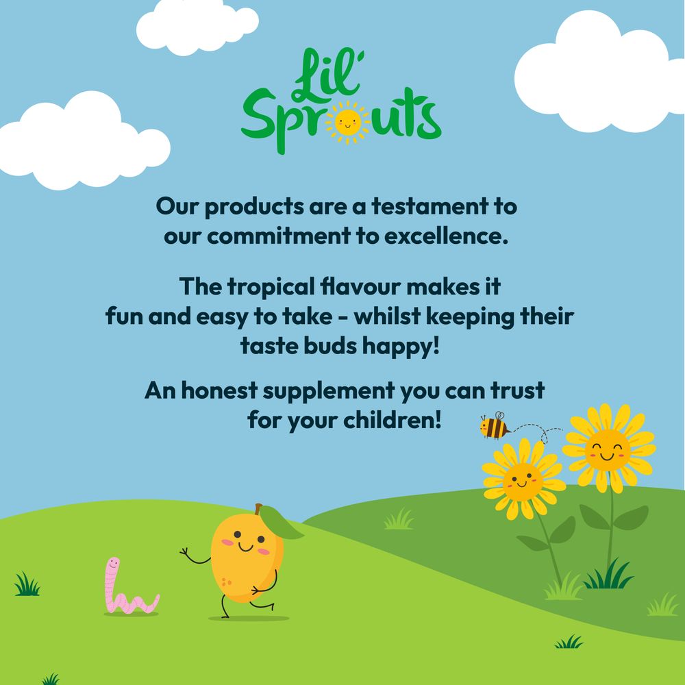 Lil' Sprouts graphic showcasing excellence in products, tropical flavor, fun and easy for kids, and honest supplements for children.